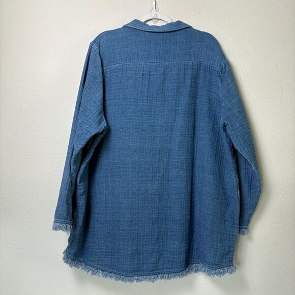 Soft Surroundings Chambray Denim Frayed Edge Jacket Size 3X Blue Pockets Artsy - Picture 4 of 12